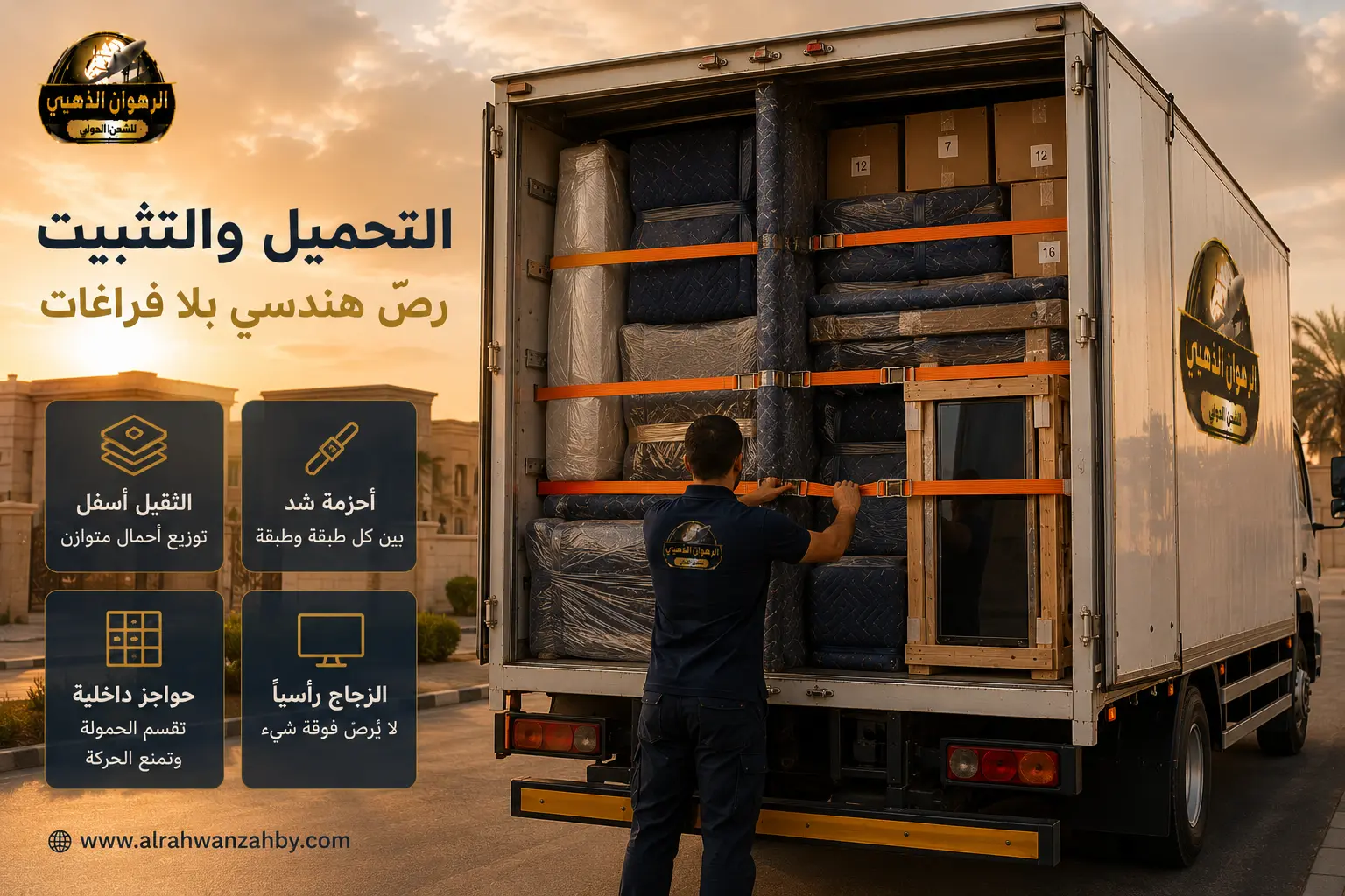 ترتيب الأثاث المغلّف وتثبيته بالأحزمة داخل شاحنة الشحن إلى الإمارات