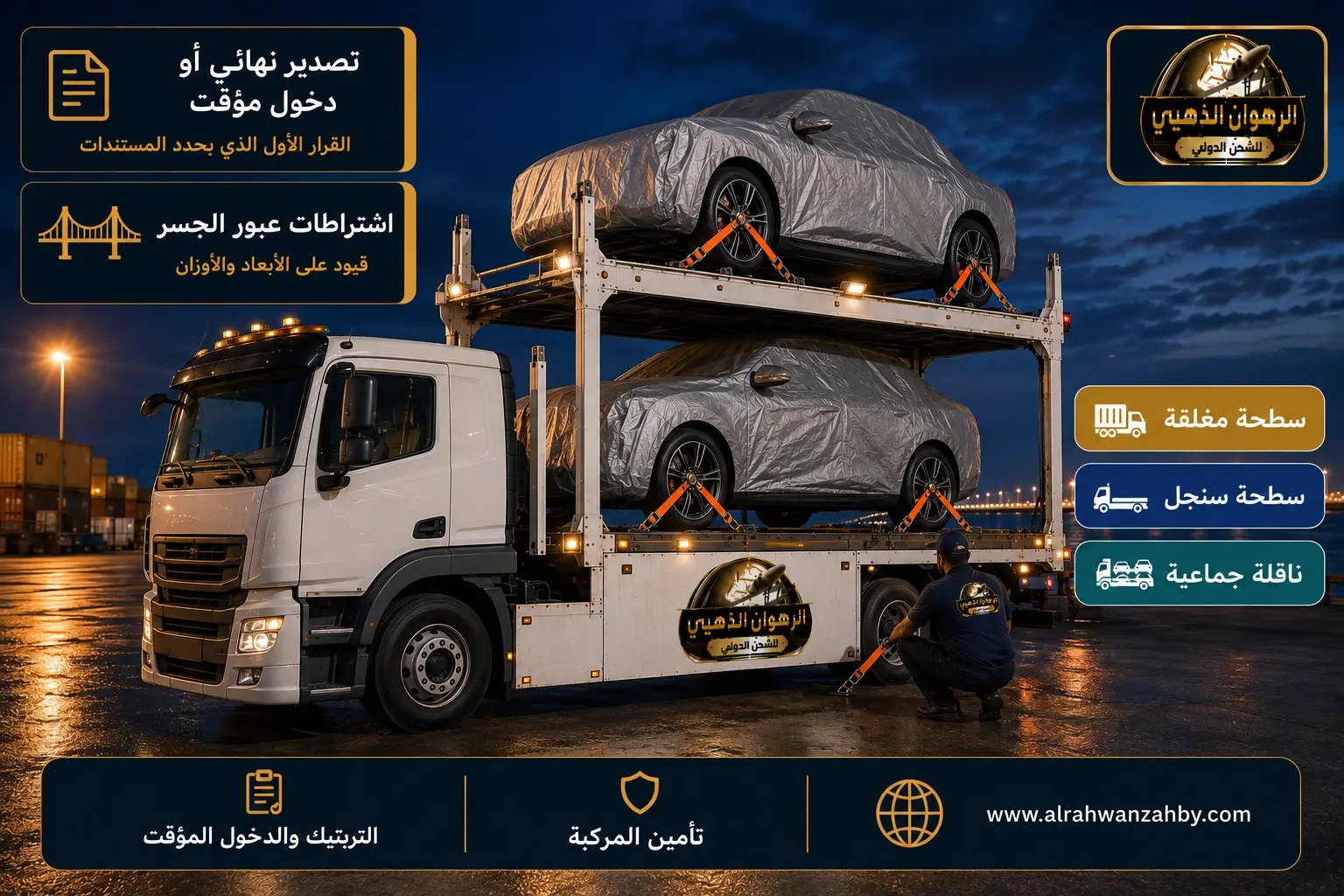 سيارات مغلّفة ومثبّتة على ناقلة أثناء الشحن إلى البحرين