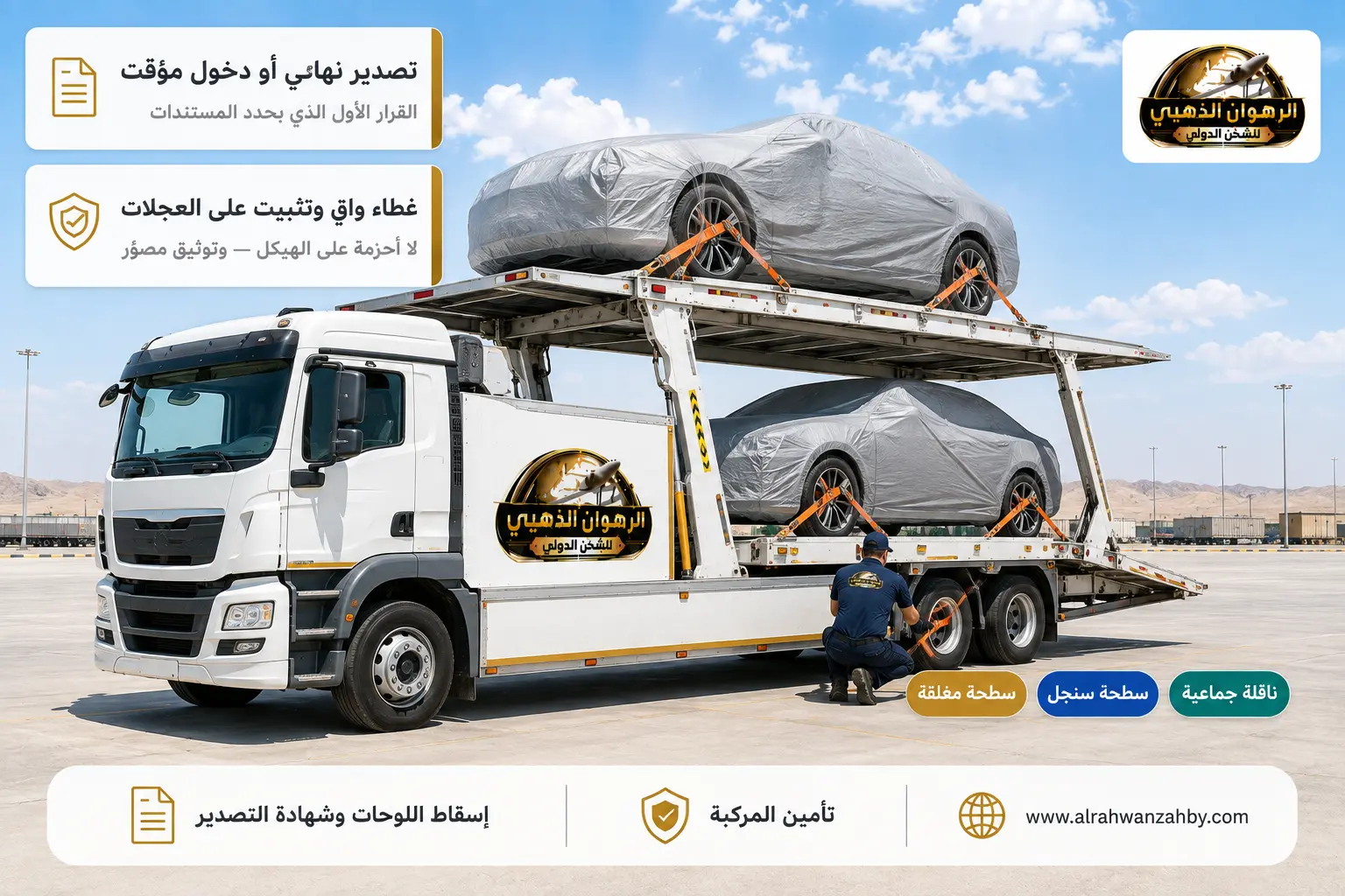 سيارات مغلّفة ومثبّتة على ناقلة أثناء الشحن إلى الأردن