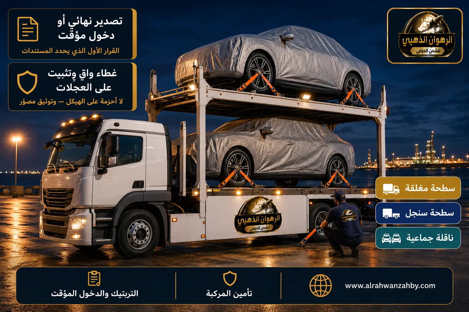 سيارات مغلّفة ومثبّتة على ناقلة أثناء الشحن إلى الكويت