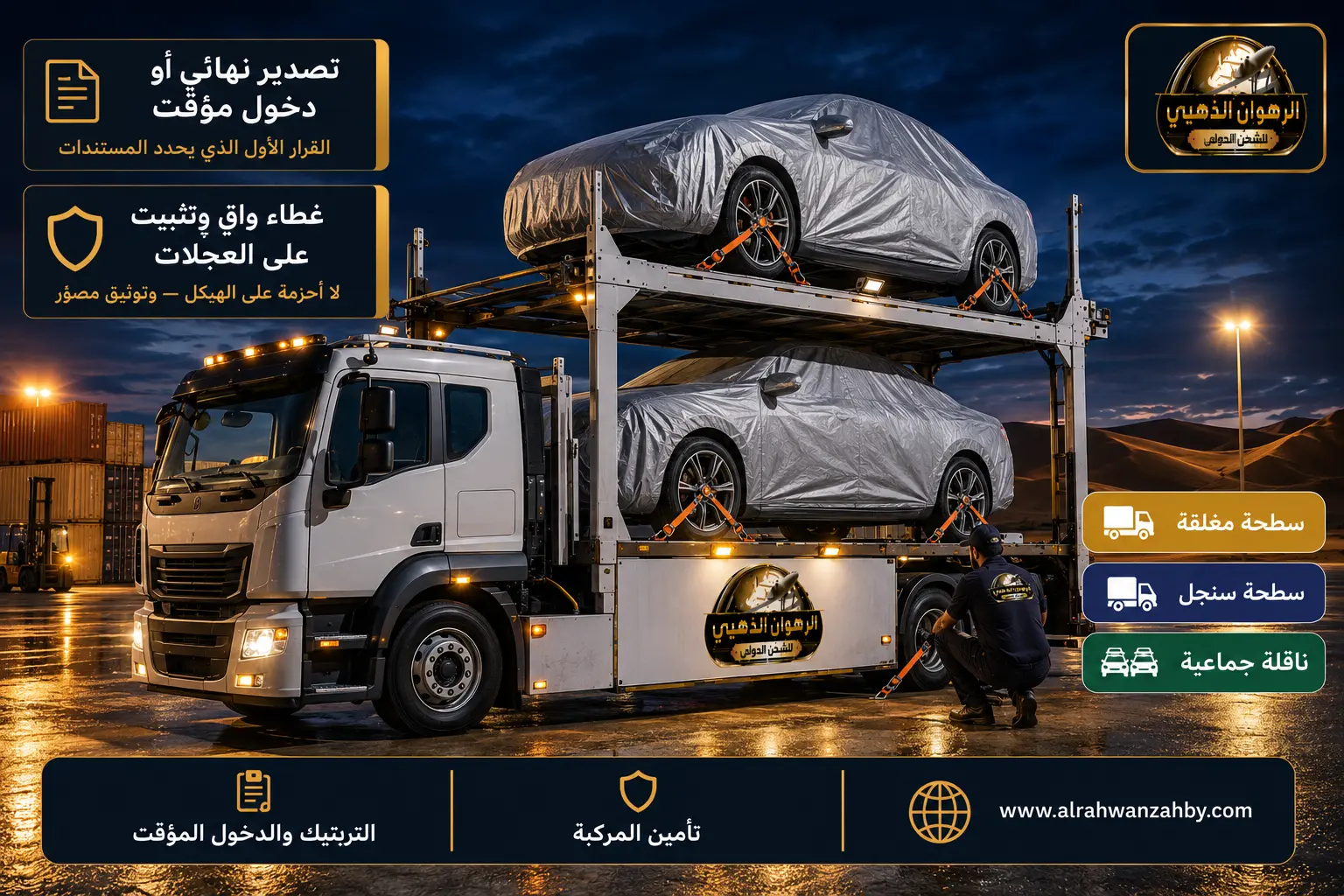 سيارات مغلّفة ومثبّتة على ناقلة أثناء الشحن إلى سلطنة عمان