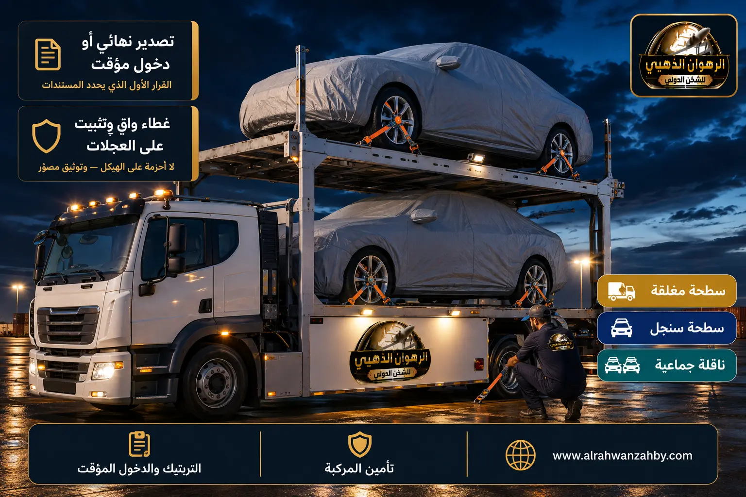 سيارات مغلّفة ومثبّتة على ناقلة أثناء الشحن إلى قطر