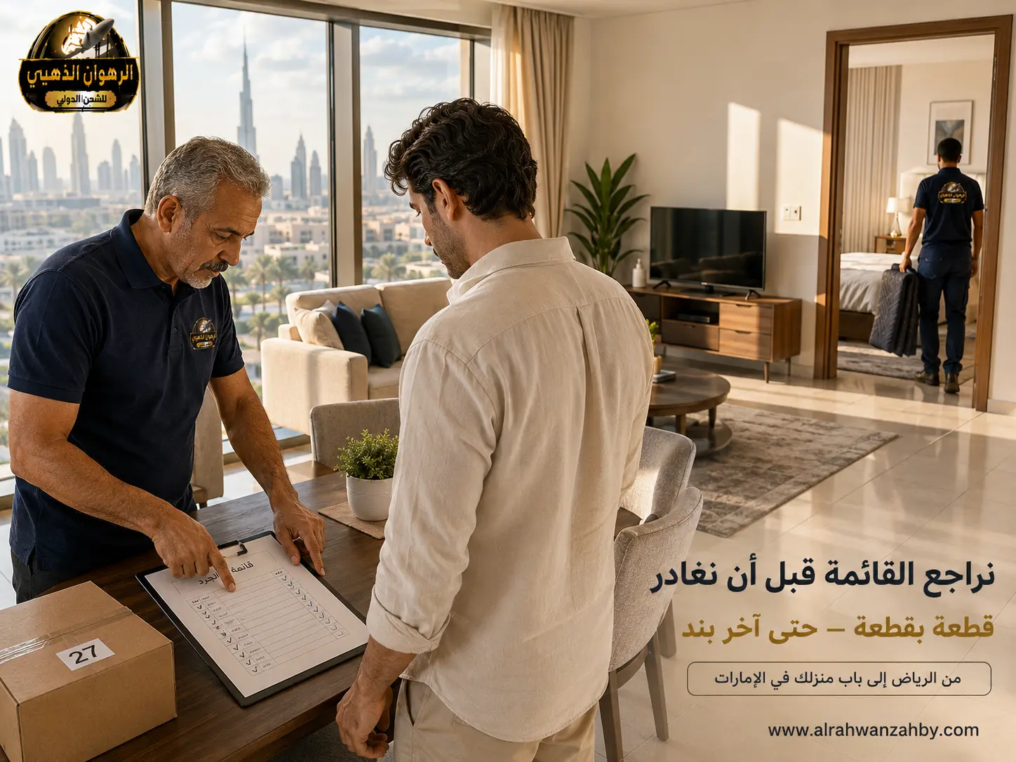 فريق نجّارين يفكّ ويغلّف الأثاث في منزل بالرياض قبل الشحن إلى الإمارات