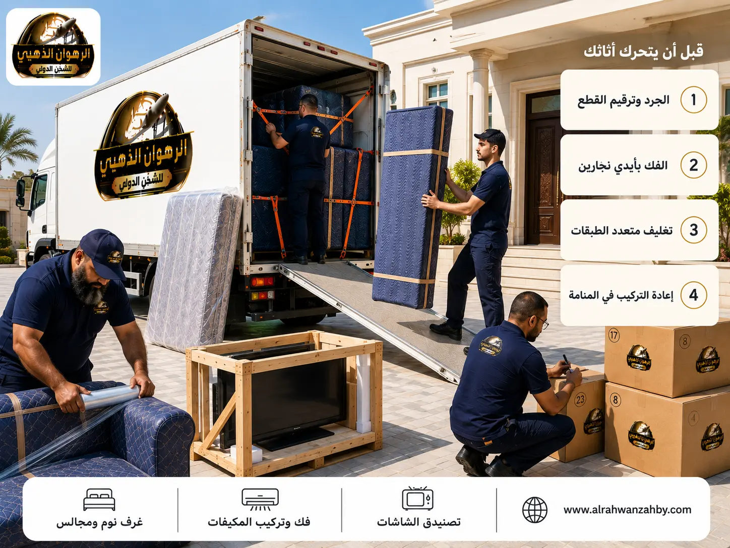 تحميل الأثاث المغلّف في شاحنة للشحن من السعودية إلى البحرين
