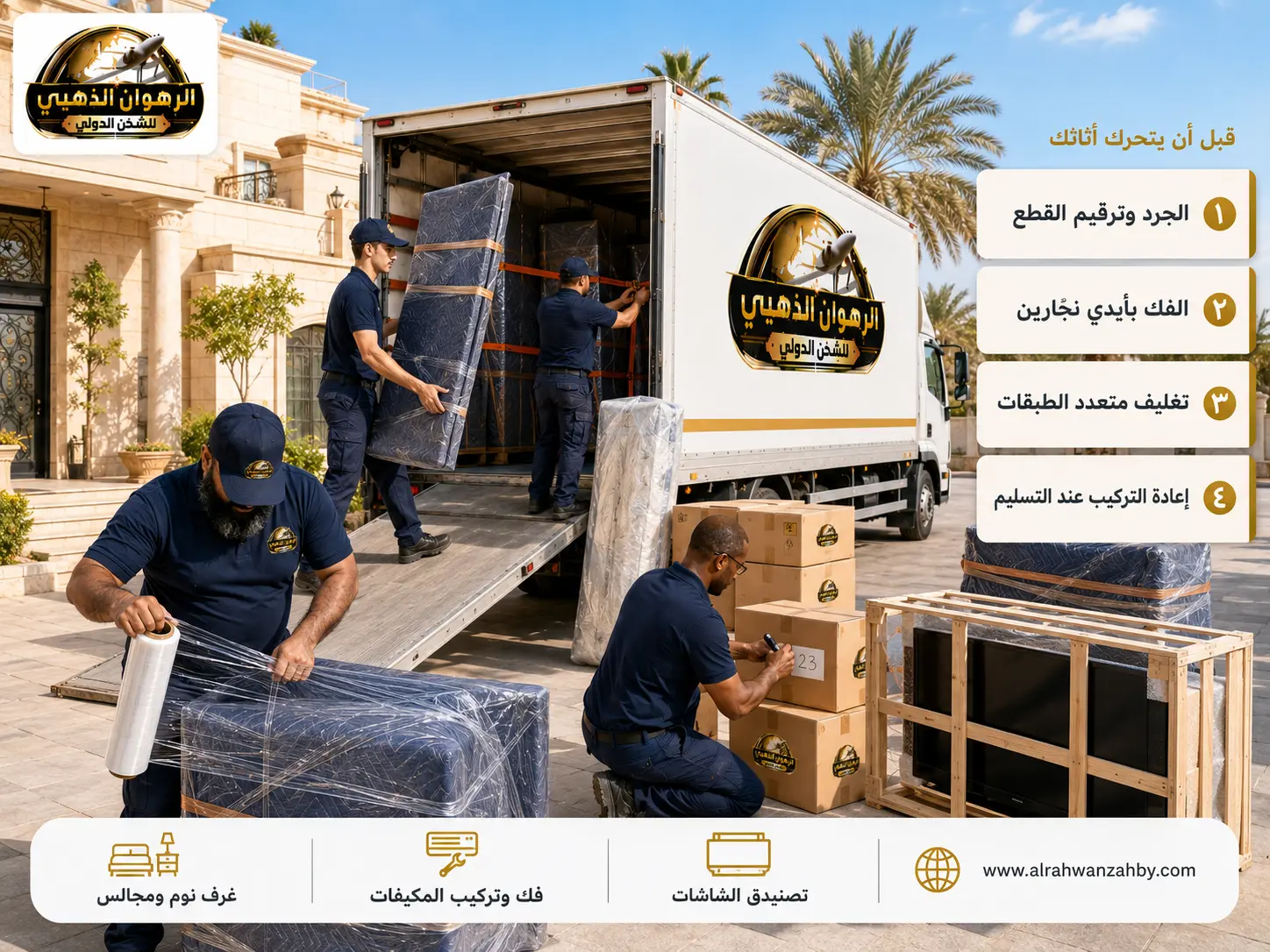 تحميل الأثاث المغلّف في شاحنة للشحن من السعودية إلى الأردن