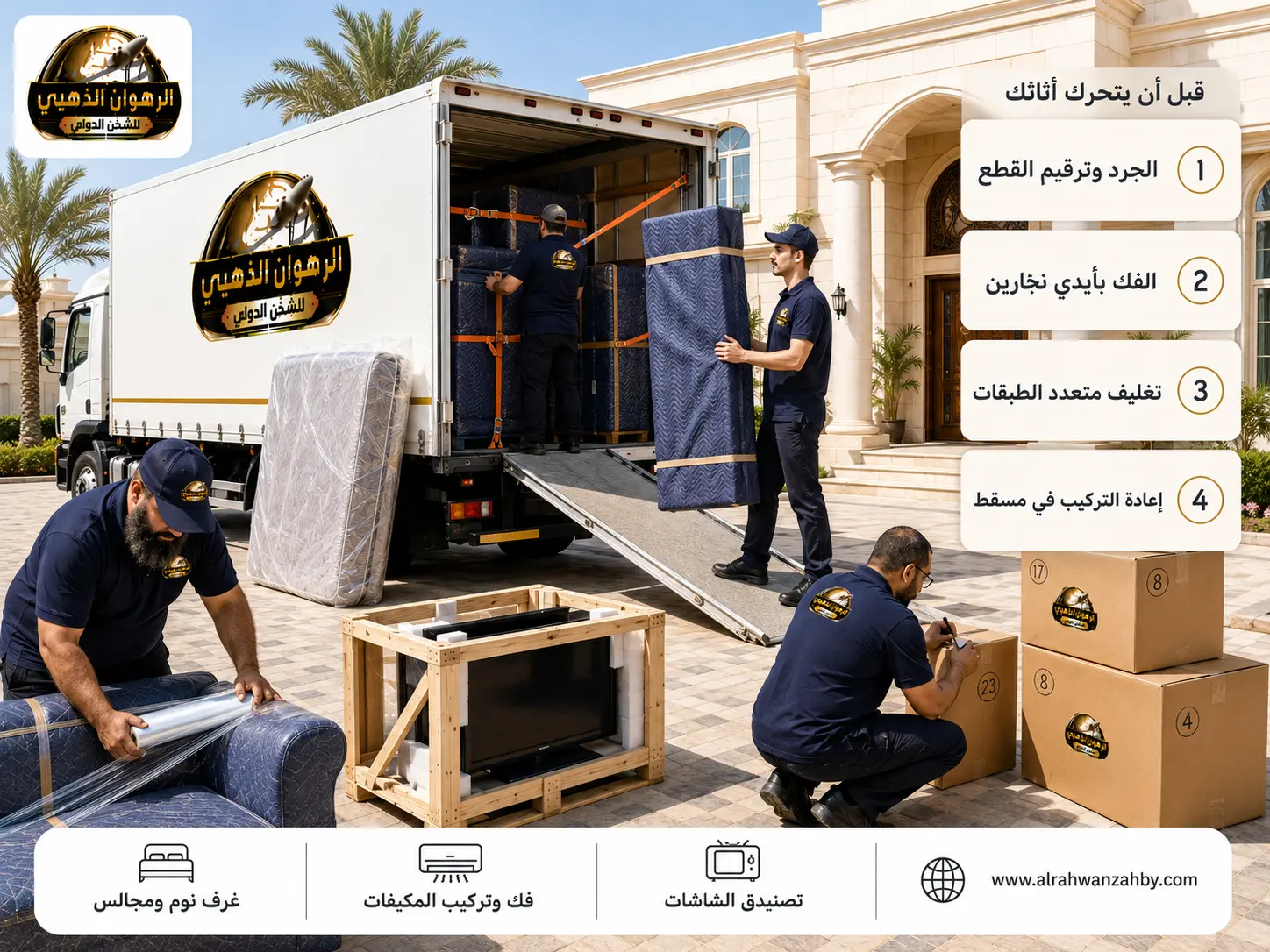 تحميل الأثاث المغلّف في شاحنة للشحن من السعودية إلى سلطنة عمان