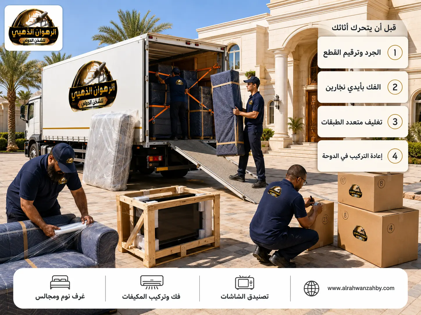تحميل الأثاث المغلّف في شاحنة للشحن من السعودية إلى قطر