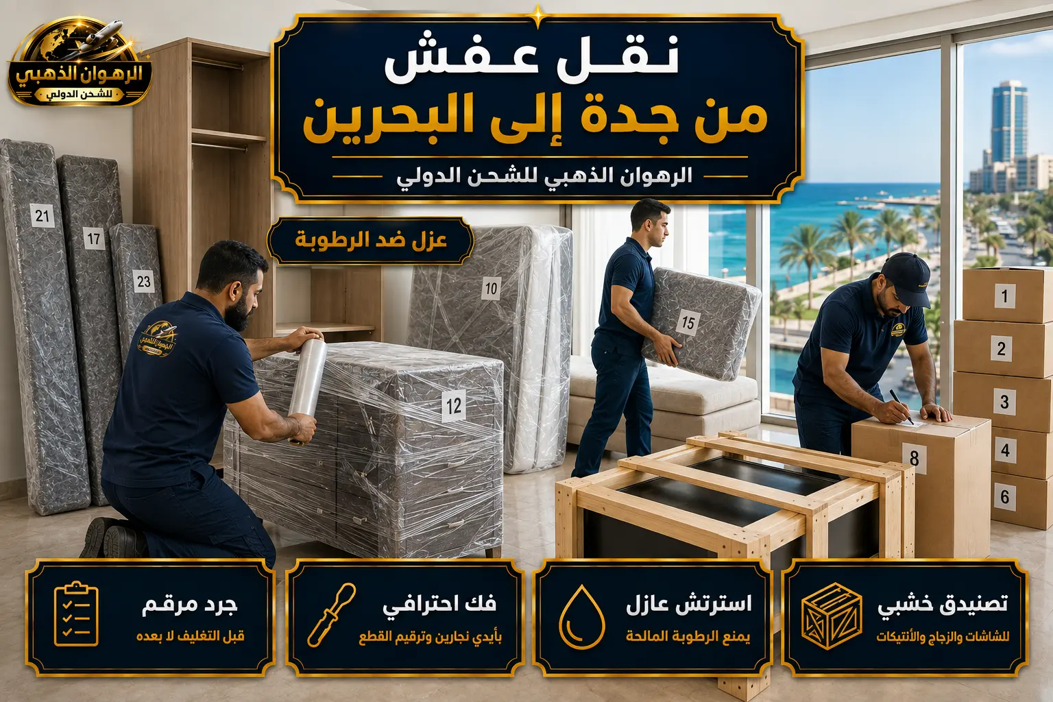 فريق يفك ويغلّف الأثاث في شقة بجدة تمهيداً للشحن إلى البحرين