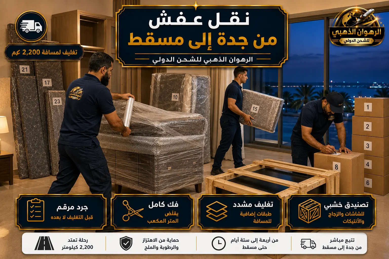 فريق يغلّف الأثاث بطبقات مشددة في جدة تمهيداً للشحن إلى سلطنة عمان