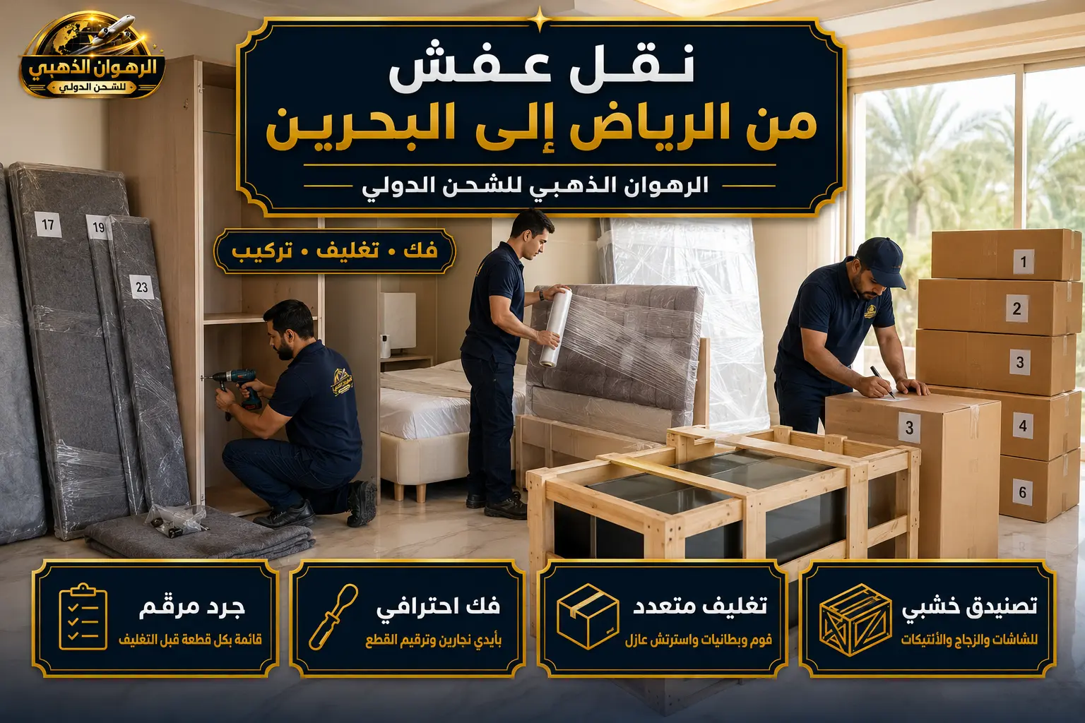 فريق يفك ويغلّف الأثاث في الرياض تمهيداً للشحن إلى البحرين