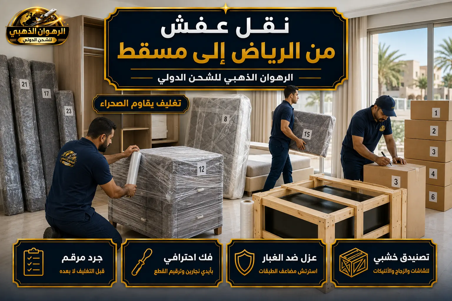 فريق يفك ويغلّف الأثاث في الرياض بعزل مضاعف تمهيداً للشحن إلى عمان