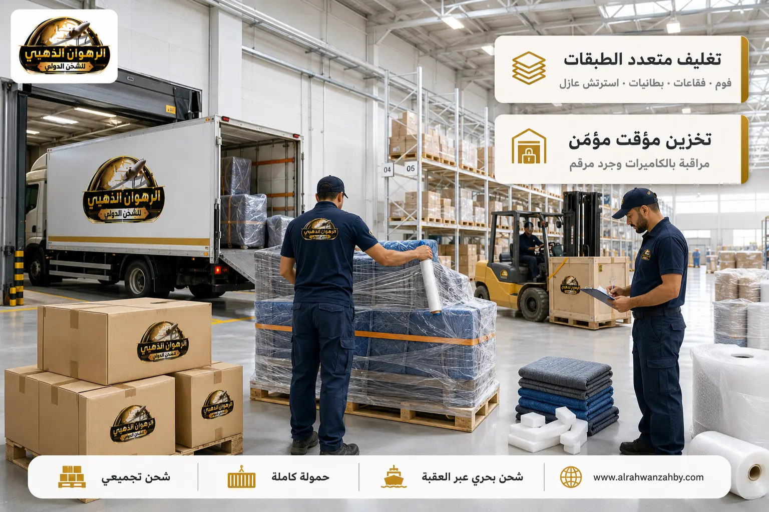 تجهيز وتغليف الشحنات في المستودع قبل شحنها إلى الأردن