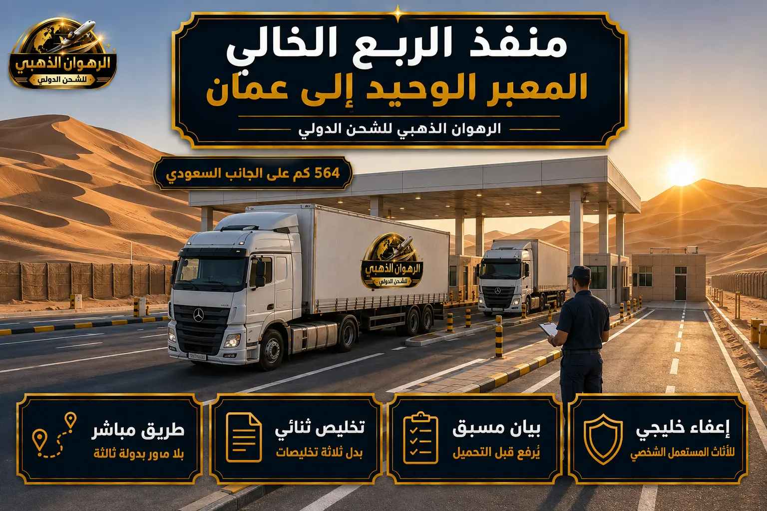 شاحنات في منفذ الربع الخالي الحدودي بين السعودية وسلطنة عمان عند الشروق