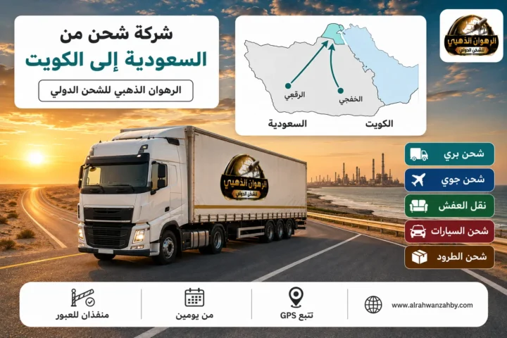 شاحنة شحن دولي متجهة من السعودية إلى الكويت مع خريطة المنفذين