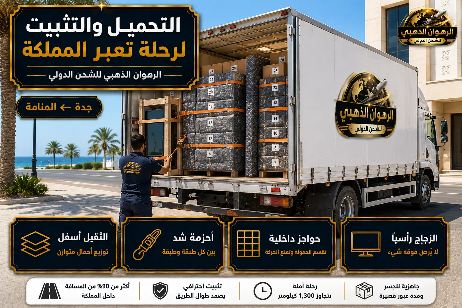 تحميل الأثاث المغلّف في شاحنة بجدة تمهيداً للشحن إلى البحرين
