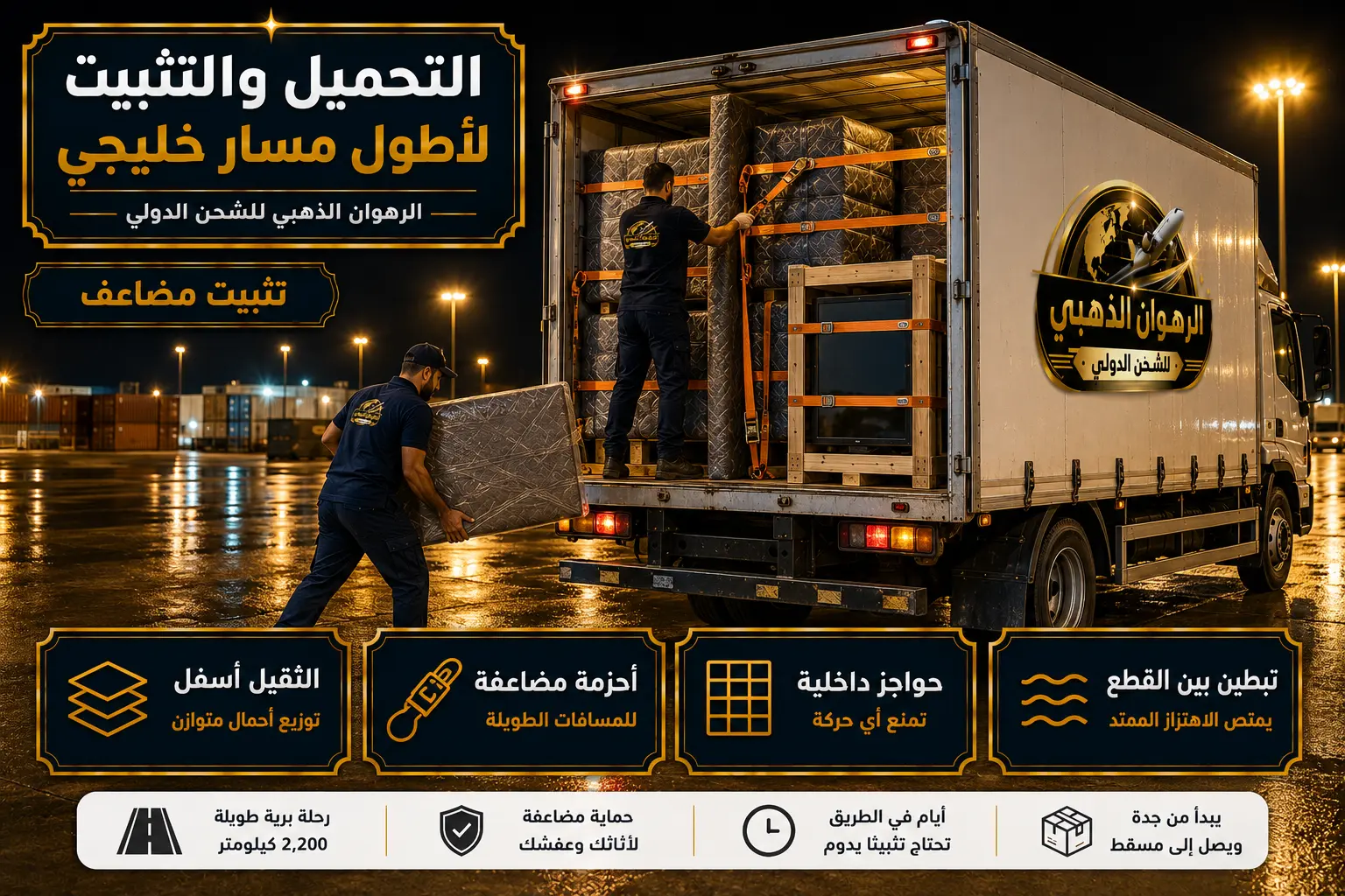 تحميل وتثبيت الأثاث ليلاً في شاحنة متجهة من جدة إلى سلطنة عمان