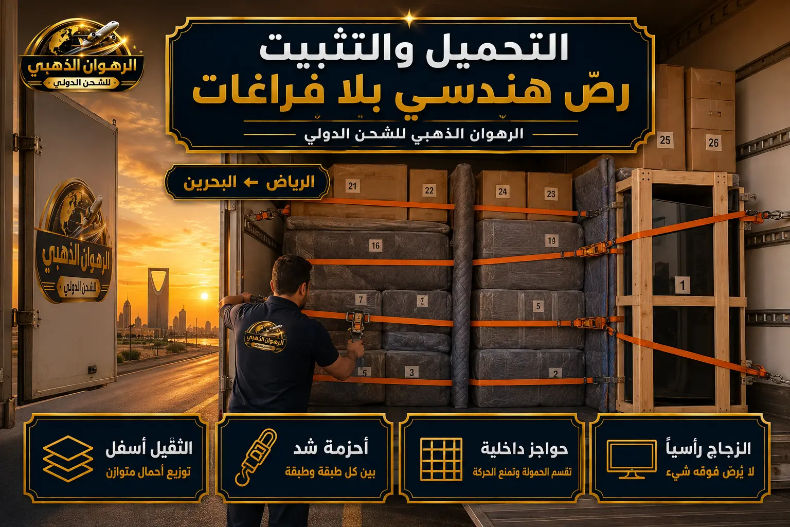 تثبيت الأثاث المغلّف بالأحزمة داخل شاحنة متجهة من الرياض إلى البحرين