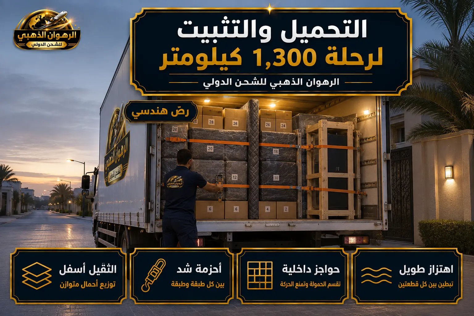 تحميل الأثاث المغلّف وتثبيته في شاحنة متجهة من الرياض إلى سلطنة عمان عند الفجر