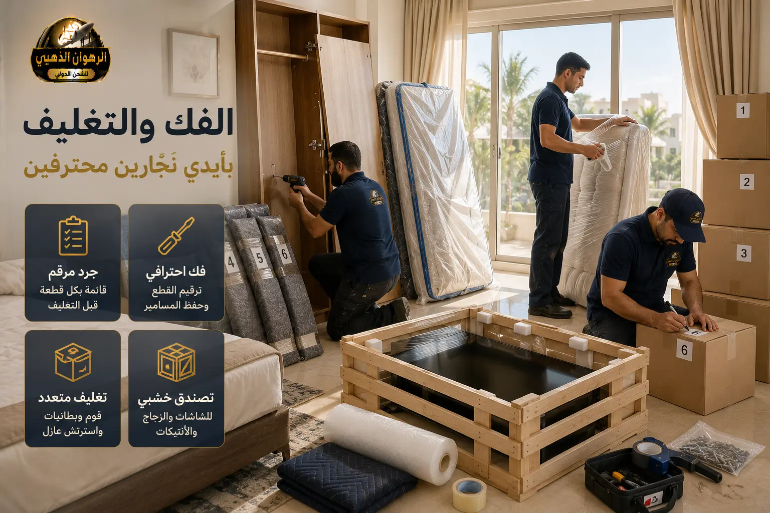 فريق يعيد تركيب غرفة نوم في شقة بدبي بعد وصول شحنة العفش