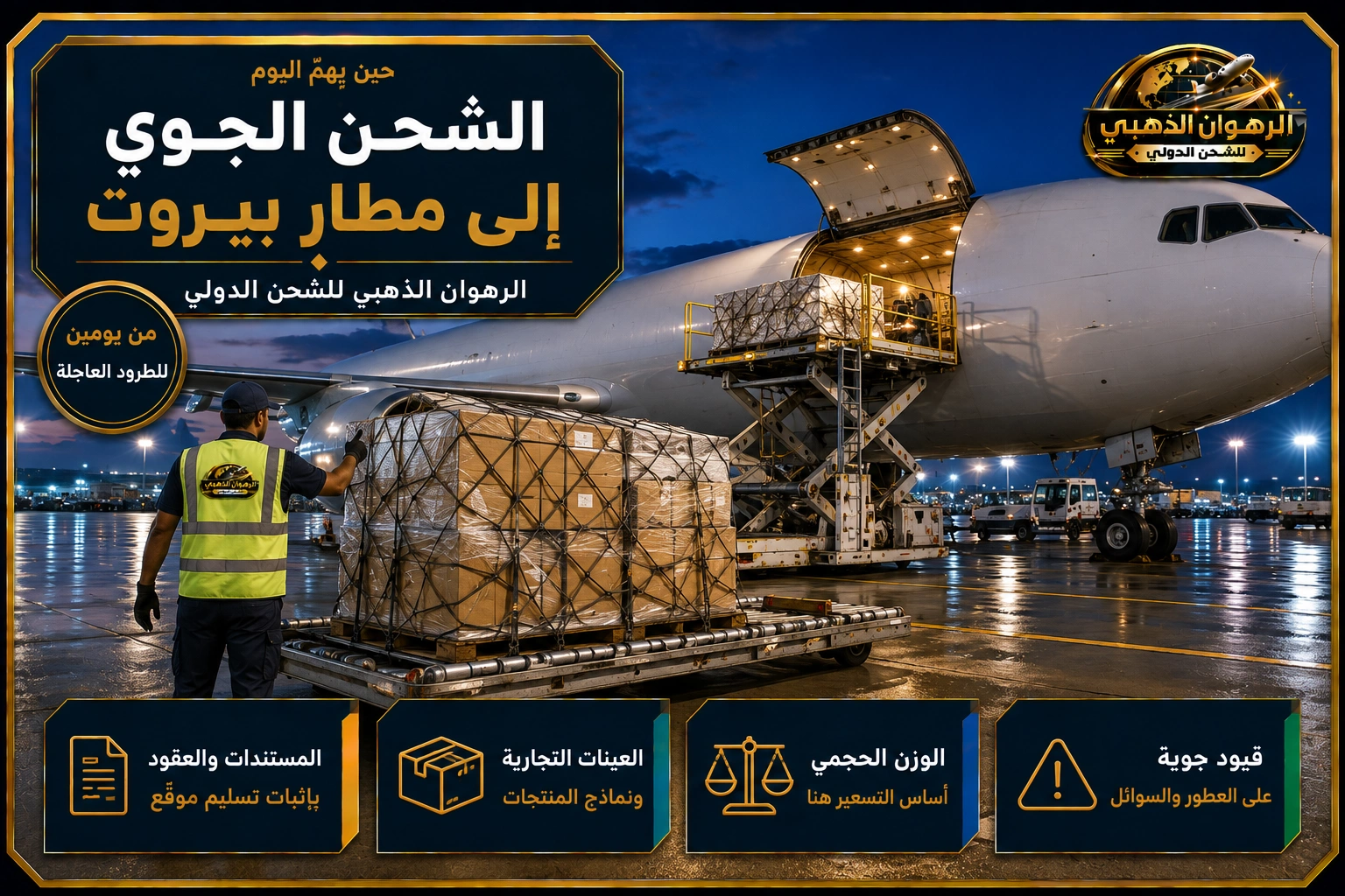 الشحن الجوي إلى بيروت باليتة شحن جوي أمام طائرة شحن على مدرج عند الغروب