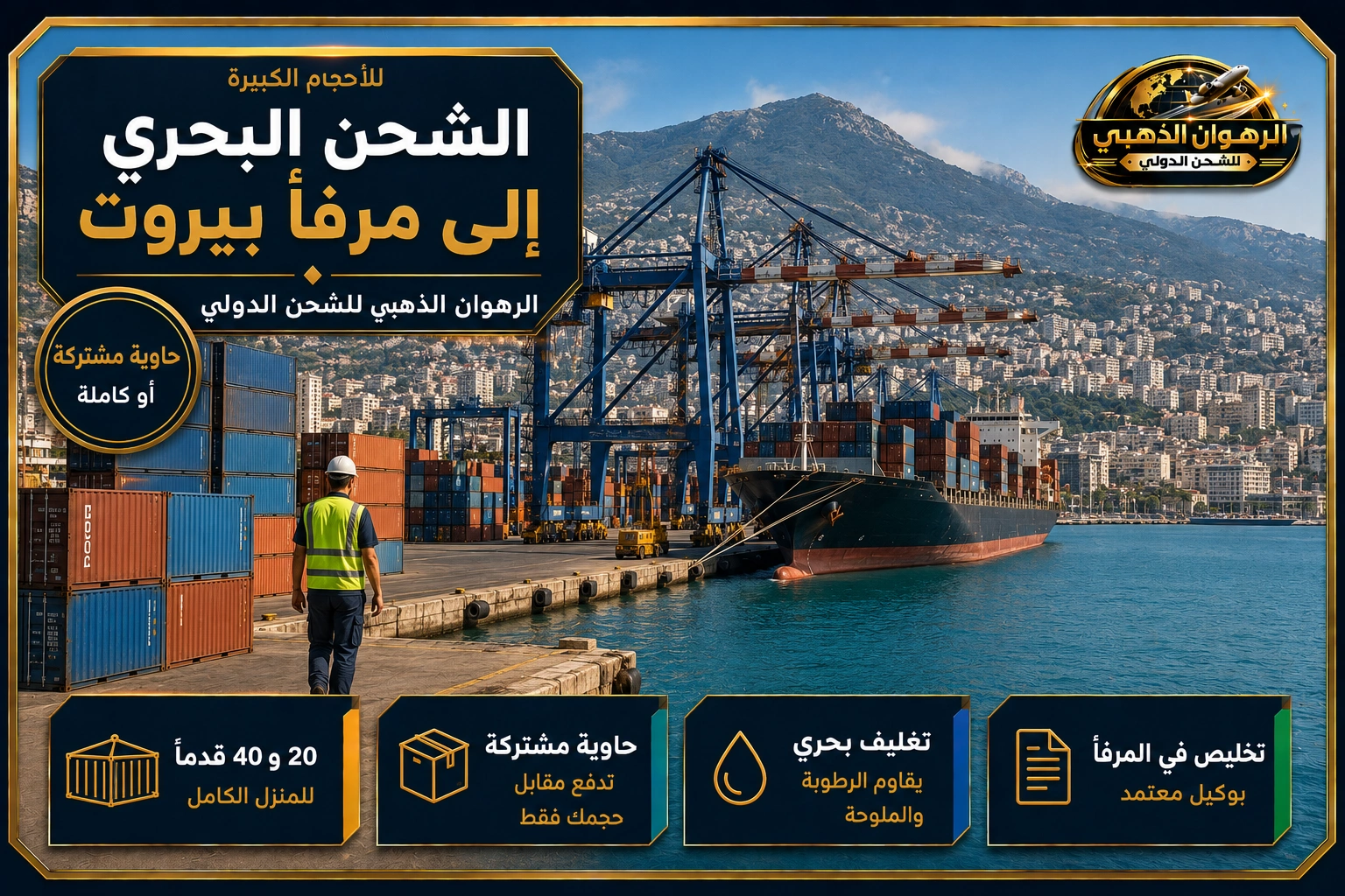 الشحن البحري إلى مرفأ بيروت حاويات وروافع في مرفأ بيروت مع جبال لبنان في الخلفية