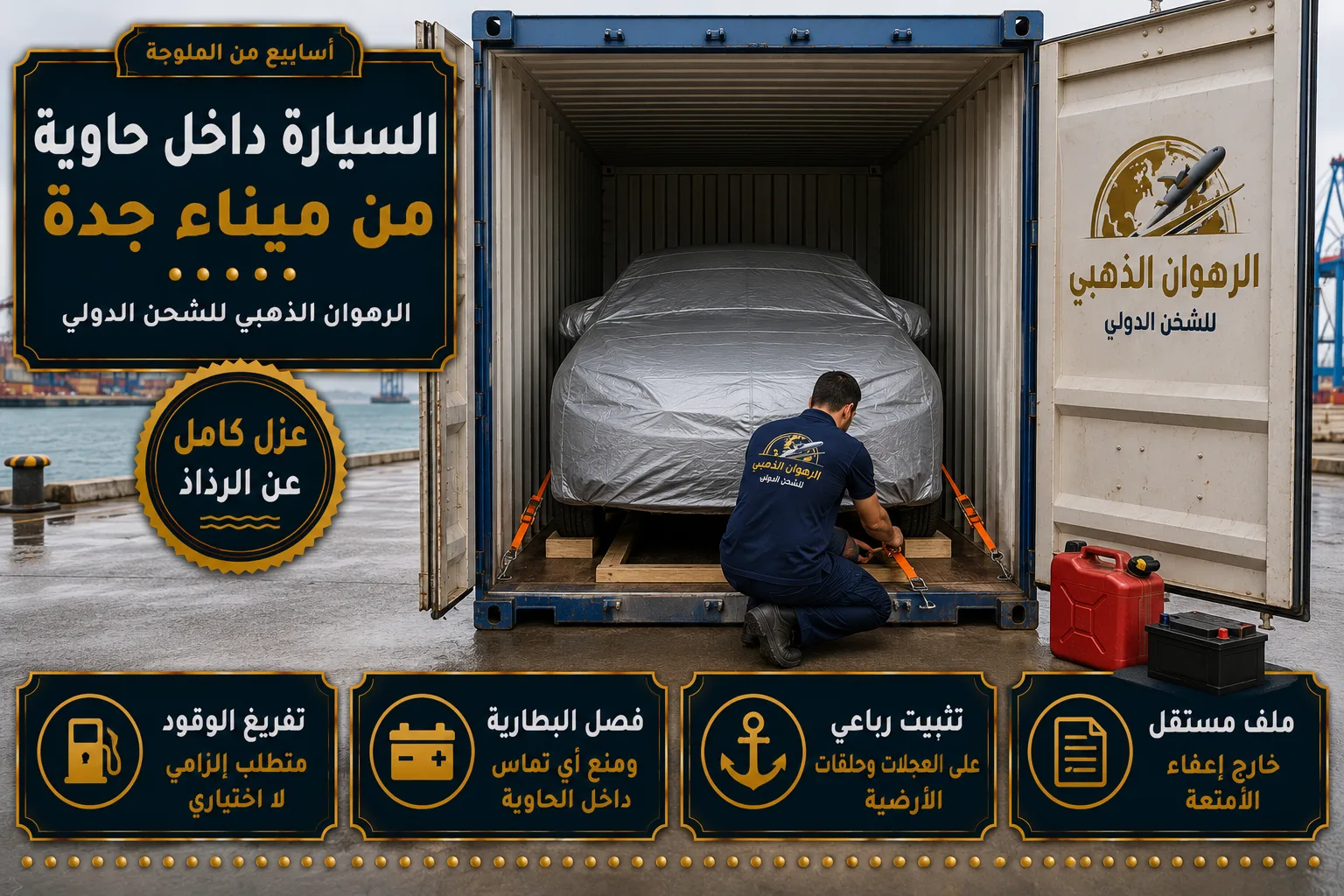 شحن السيارات داخل حاوية سيارة مغلّفة ومثبّتة داخل حاوية شحن متجهة إلى الجزائر