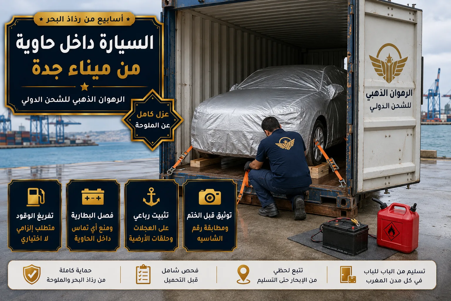 سيارة مغلّفة ومثبّتة داخل حاوية شحن متجهة إلى المغرب