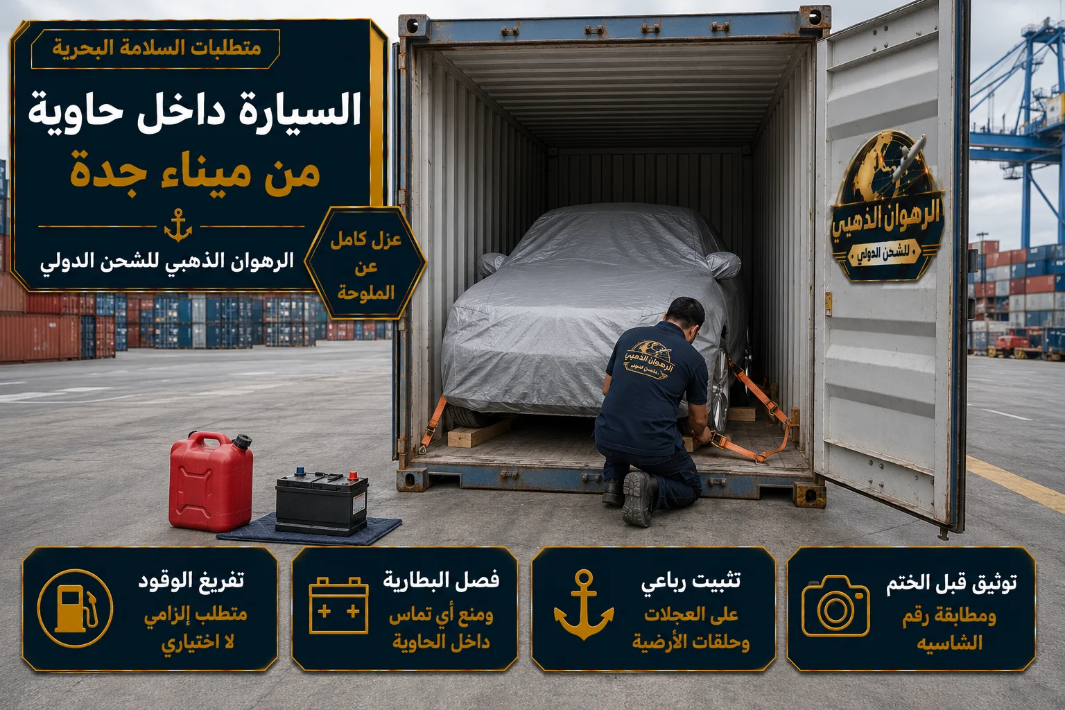 سيارة مغلّفة ومثبّتة داخل حاوية شحن متجهة إلى ميناء تركي