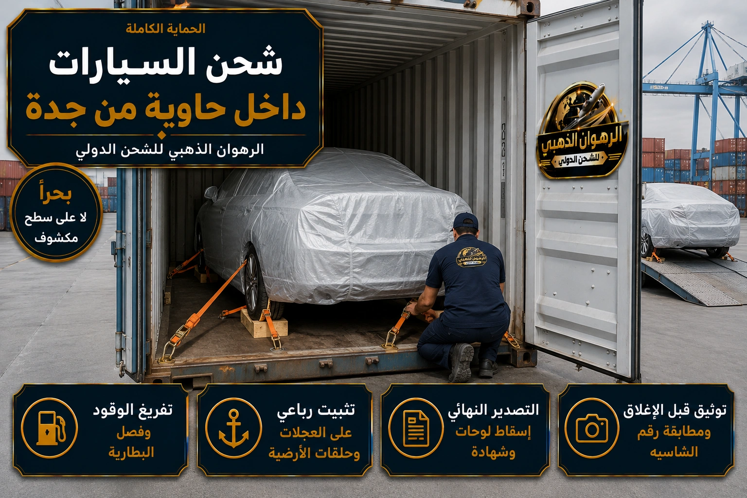 شحن السيارات داخل حاوية سيارة مغلّفة ومثبّتة داخل حاوية شحن بحرية متجهة إلى لبنان