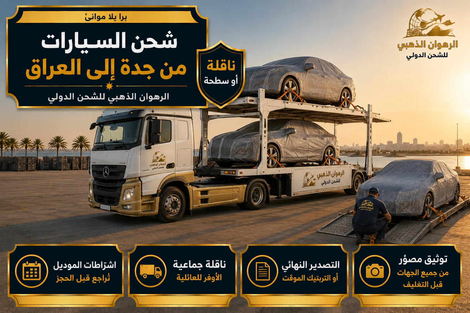 شحن السيارات براً إلى العراق سيارات مغلّفة على ناقلة برية في ساحة بجدة متجهة إلى العراق