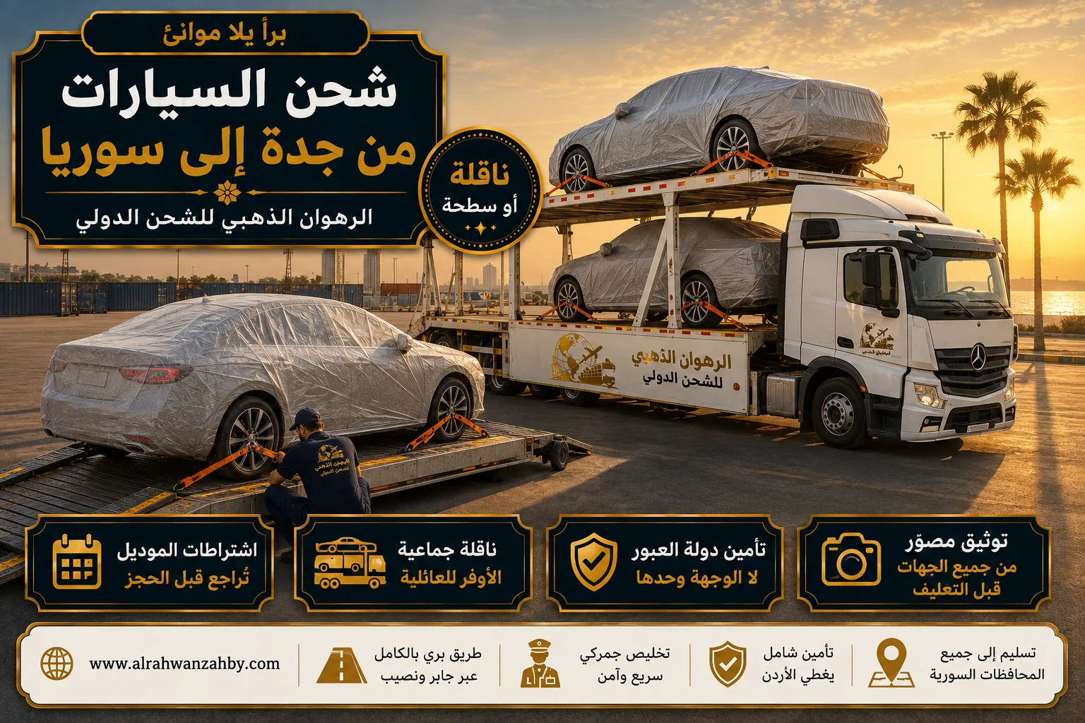 شحن السيارات براً إلى سوريا سيارات مغلّفة على ناقلة برية في ساحة بجدة متجهة إلى سوريا
