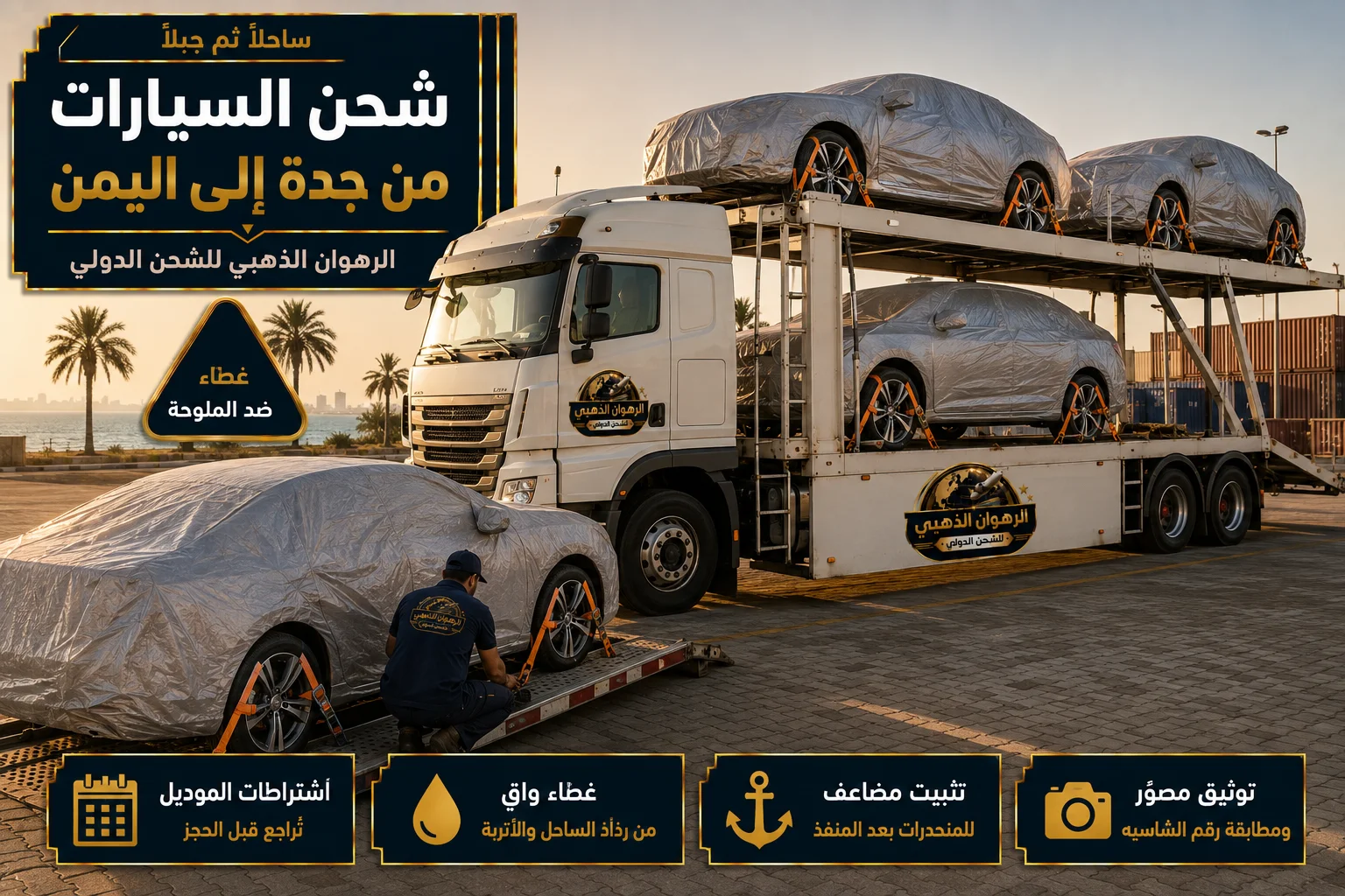 شحن السيارات براً إلى اليمن سيارات مغلّفة على ناقلة برية في ساحة قرب الساحل متجهة إلى اليمن
