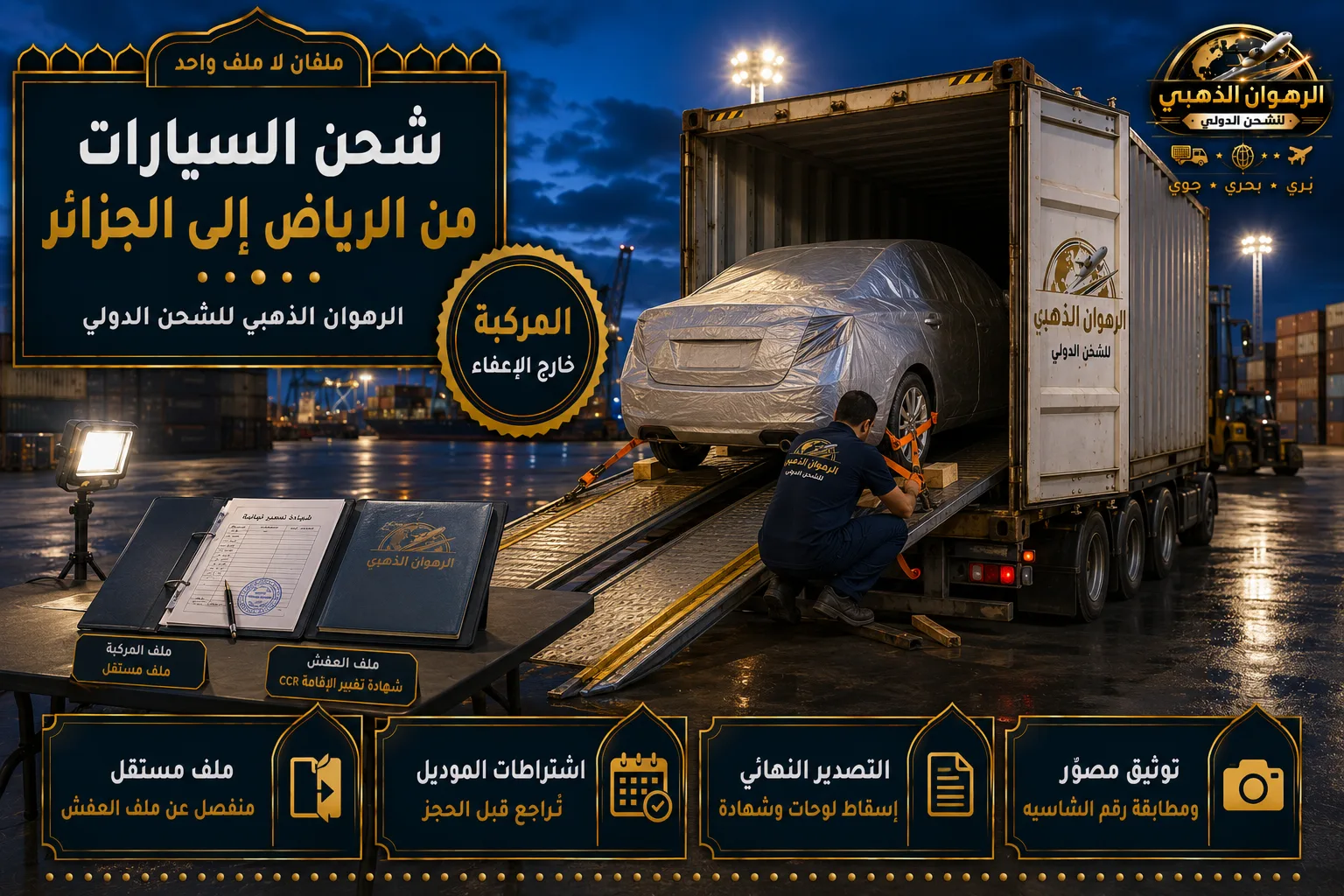 سيارة تُحمّل في حاوية وملفان جمركيان منفصلان على طاولة بجانبها