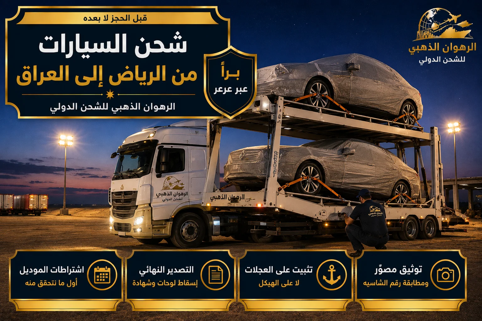 شحن السيارات براً إلى العراق سيارات مغلّفة على ناقلة برية في ساحة صحراوية متجهة إلى العراق