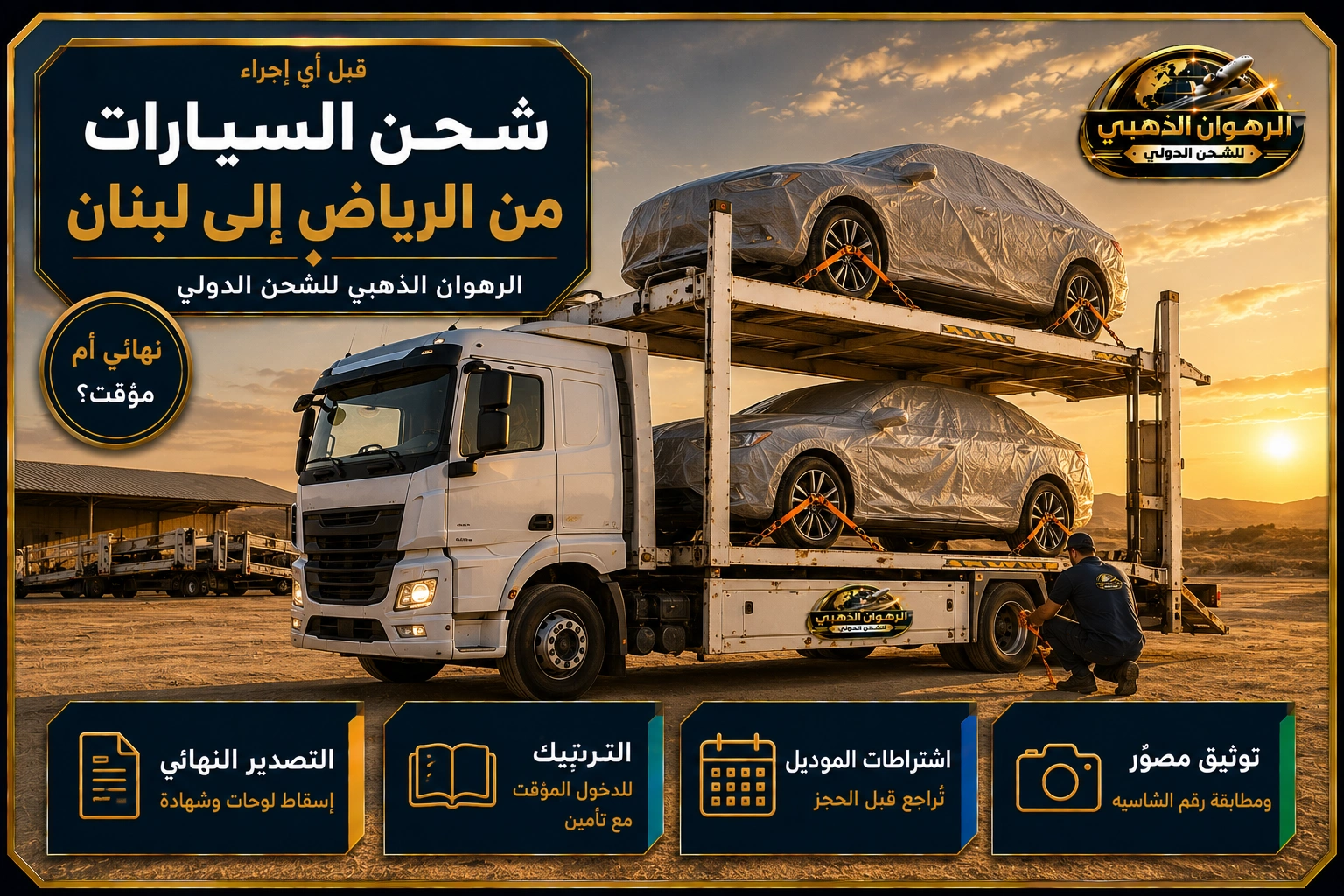 شحن السيارات براً إلى لبنان سيارات مغلّفة ومثبّتة على ناقلة برية متجهة من الرياض إلى لبنان