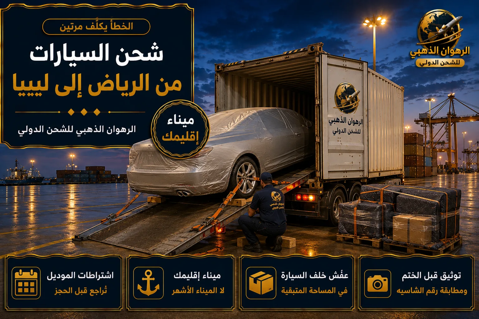شحن السيارات إلى ليبيا سيارة مغلّفة تُحمّل داخل حاوية وعفش ينتظر خلفها متجهة إلى ليبيا