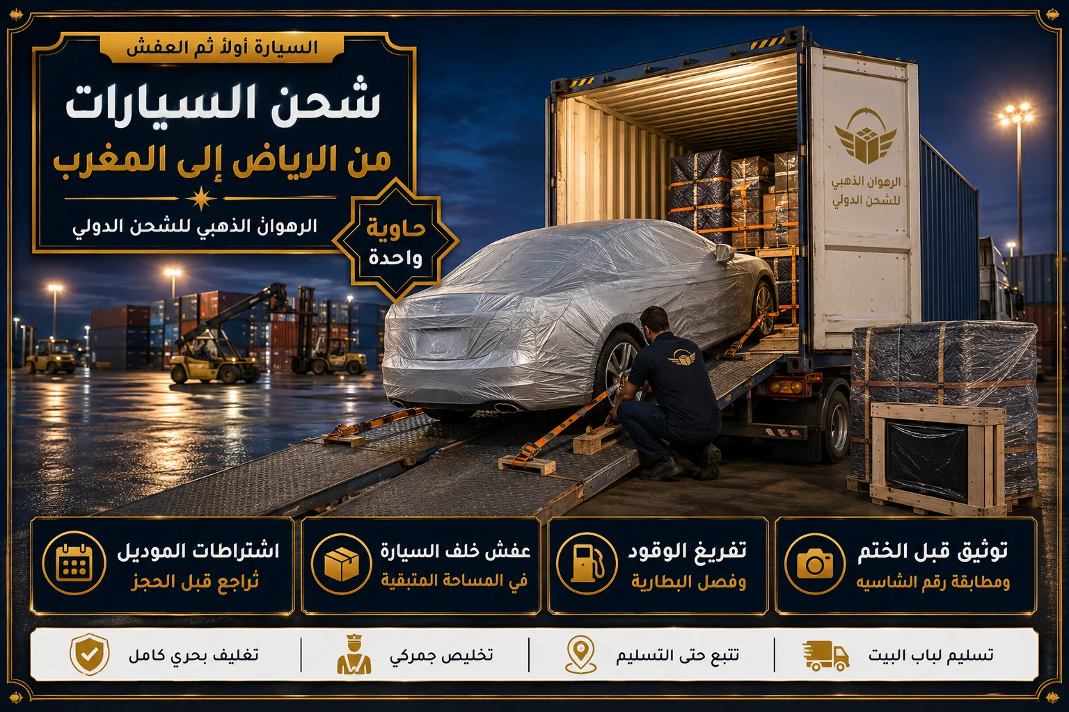شحن السيارات إلى المغرب سيارة مغلّفة تُحمّل داخل حاوية وعفش ينتظر خلفها متجهة إلى المغرب