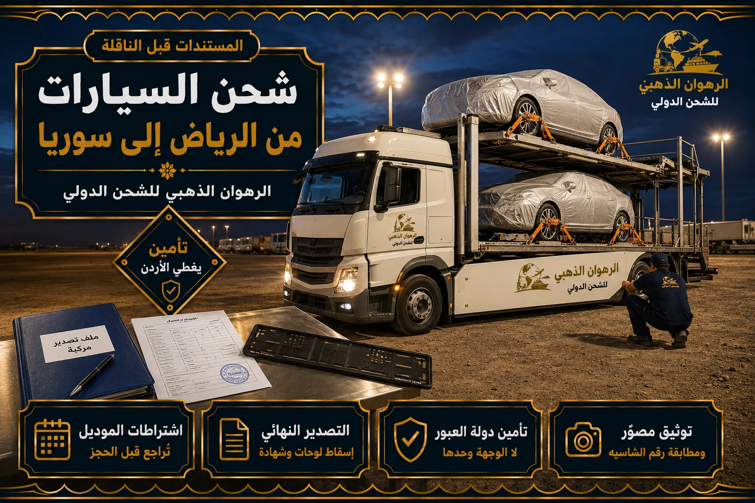 شحن السيارات براً إلى سوريا سيارات مغلّفة على ناقلة برية ومستندات التصدير في ساحة بالرياض