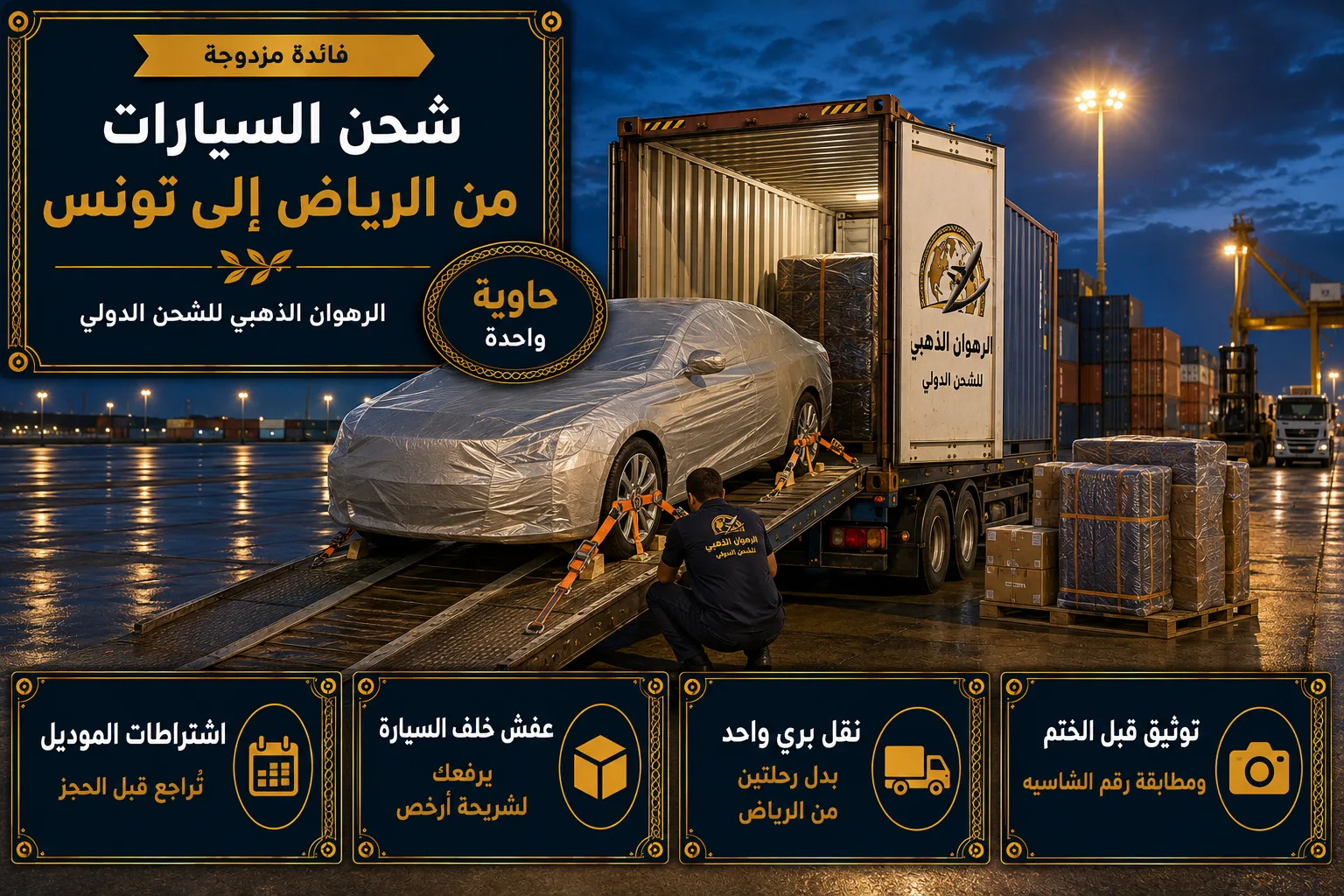 شحن السيارات إلى تونس سيارة مغلّفة تُحمّل داخل حاوية وعفش ينتظر خلفها متجهة إلى تونس