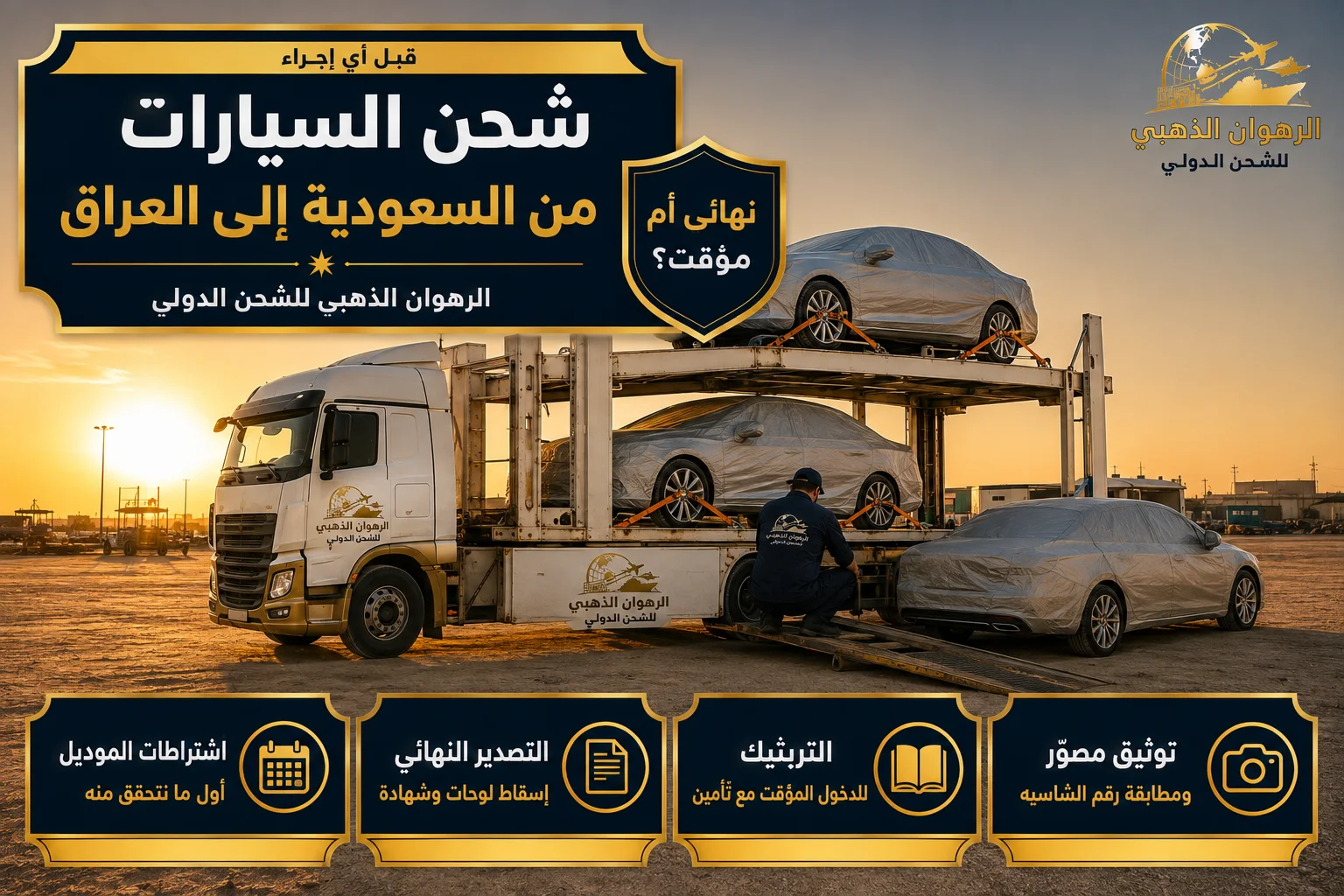 سيارات مغلّفة ومثبّتة على ناقلة برية متجهة من السعودية إلى العراق