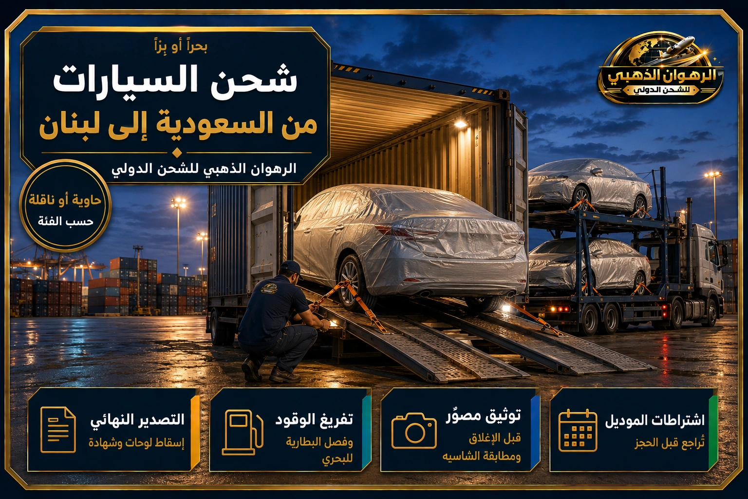 شحن السيارات إلى لبنان سيارة مغلّفة تُحمّل داخل حاوية شحن متجهة إلى لبنان