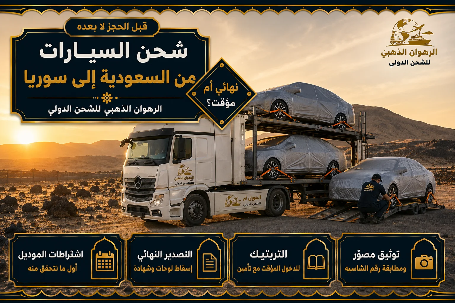 شحن السيارات إلى سوريا سيارات مغلّفة ومثبّتة على ناقلة برية متجهة من السعودية إلى سوريا