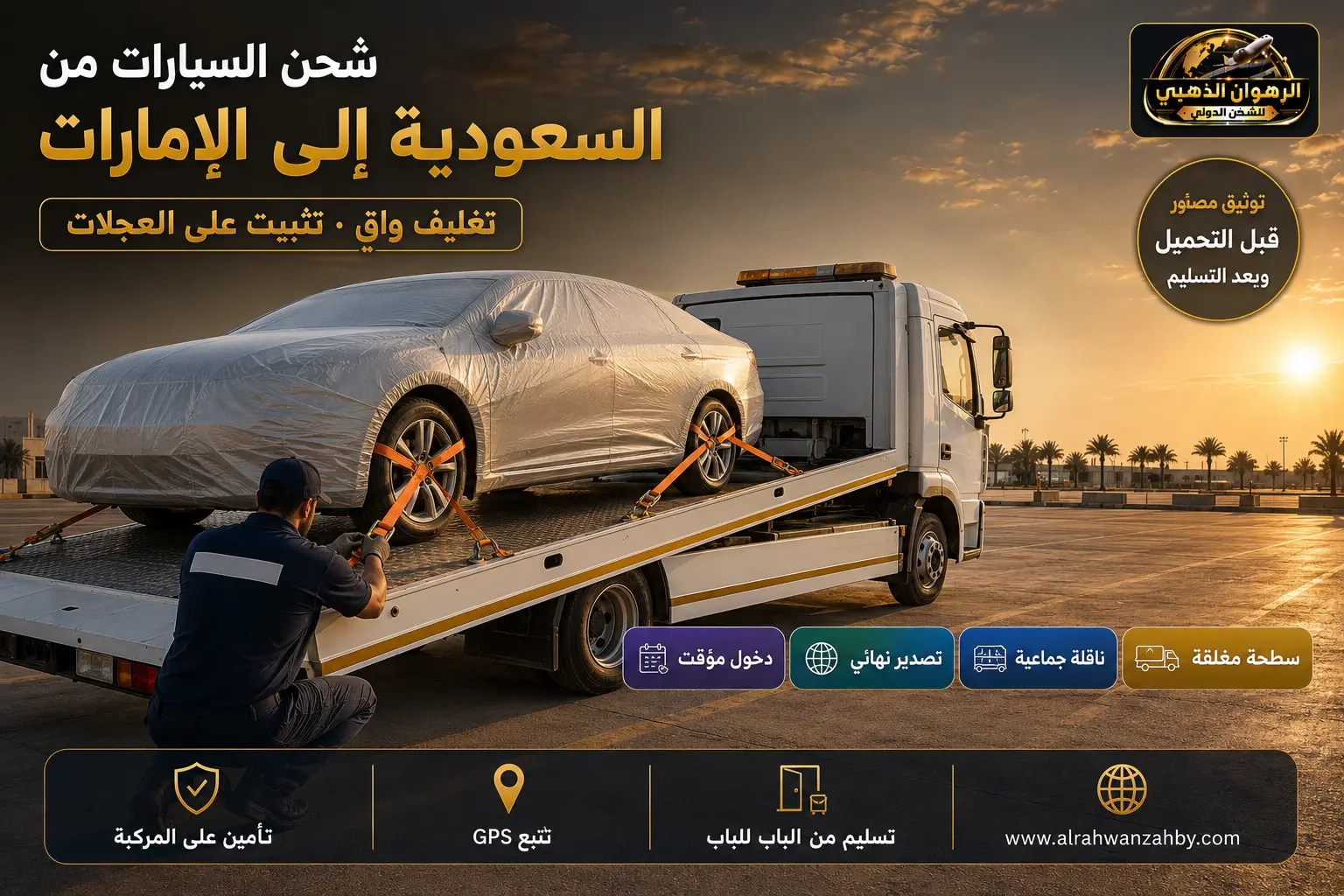 سيارة مغلّفة ومثبّتة على سطحة أثناء الشحن إلى الإمارات