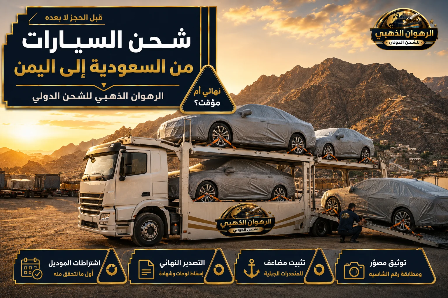 شحن السيارات إلى اليمن سيارات مغلّفة ومثبّتة على ناقلة برية أمام جبال في طريقها إلى اليمن
