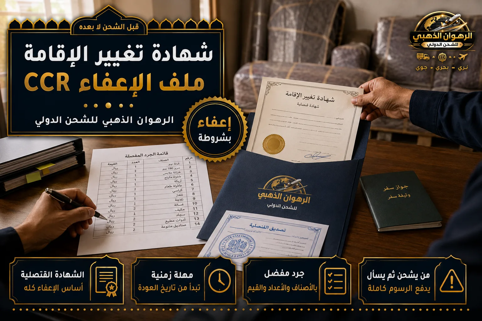 ملف شهادة تغيير الإقامة وقائمة الجرد لشحنة عفش متجهة إلى الجزائر