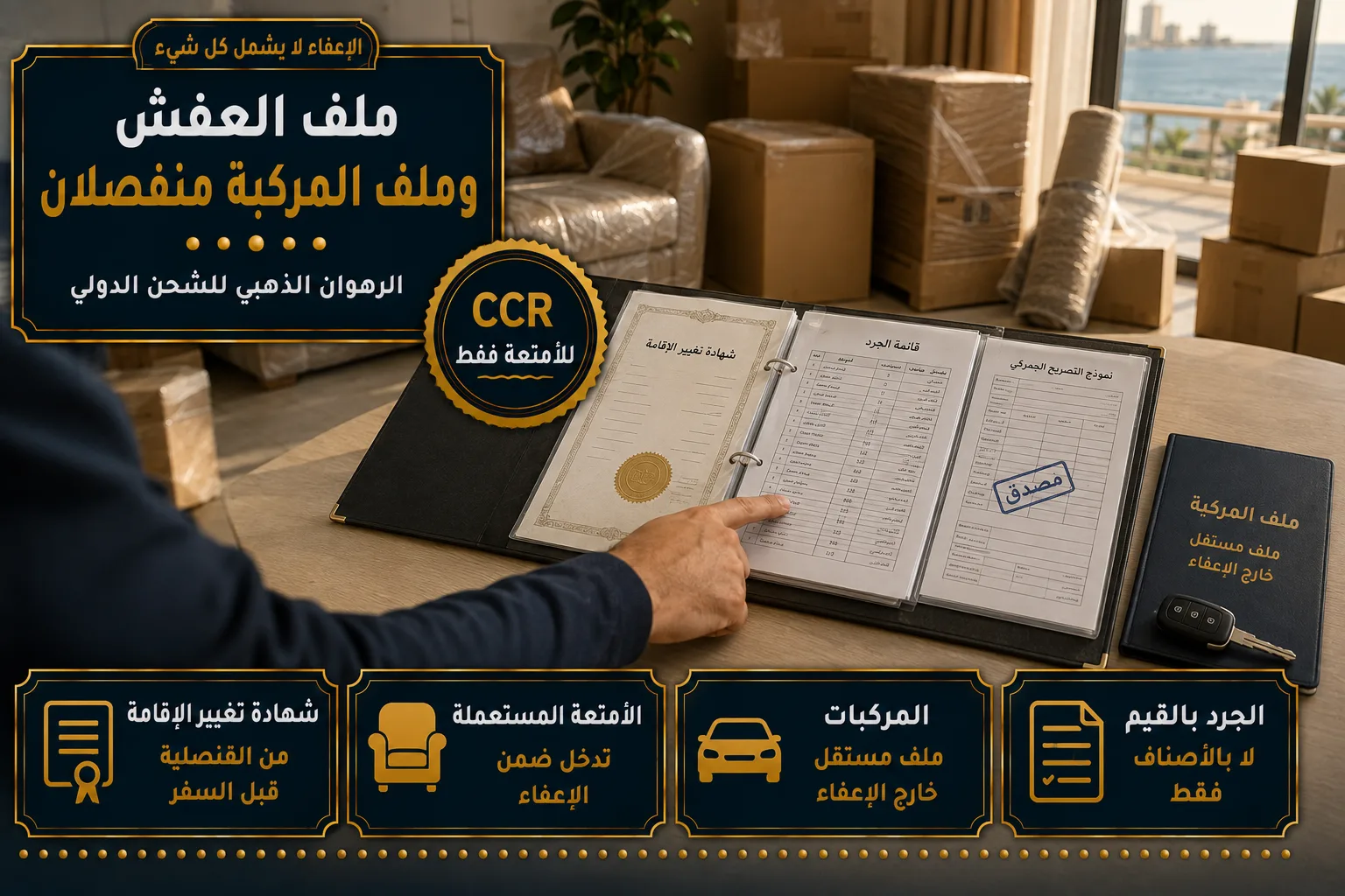 ملف العفش وملف المركبة ملف الإعفاء الجمركي وملف المركبة منفصلان على طاولة قبل الشحن للجزائر