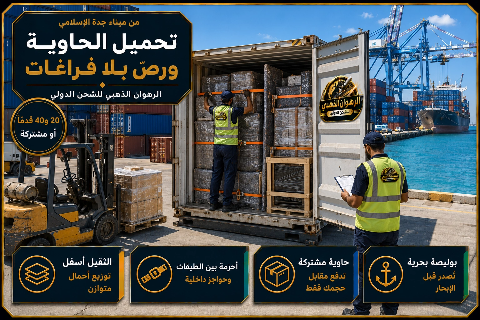 التحميل في ميناء جدة الإسلامي تحميل الأثاث المغلّف داخل حاوية شحن في ميناء جدة الإسلامي