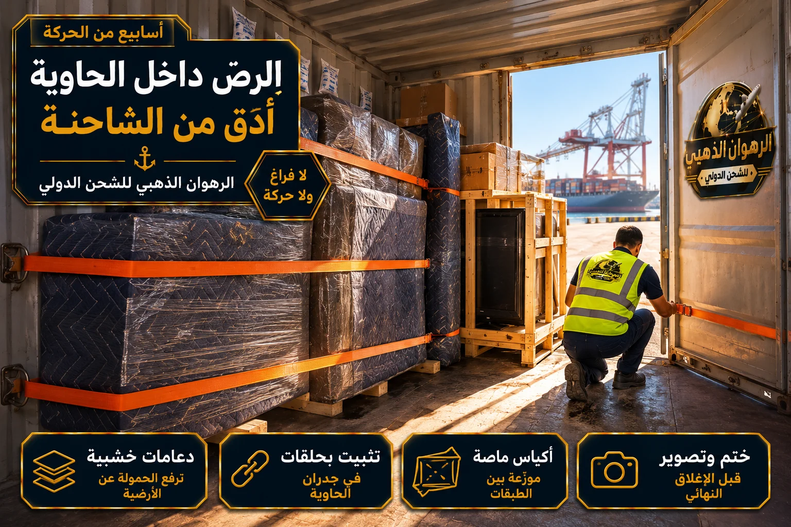 رصّ الأثاث المغلّف وتثبيته داخل حاوية أربعين قدماً في ميناء جدة