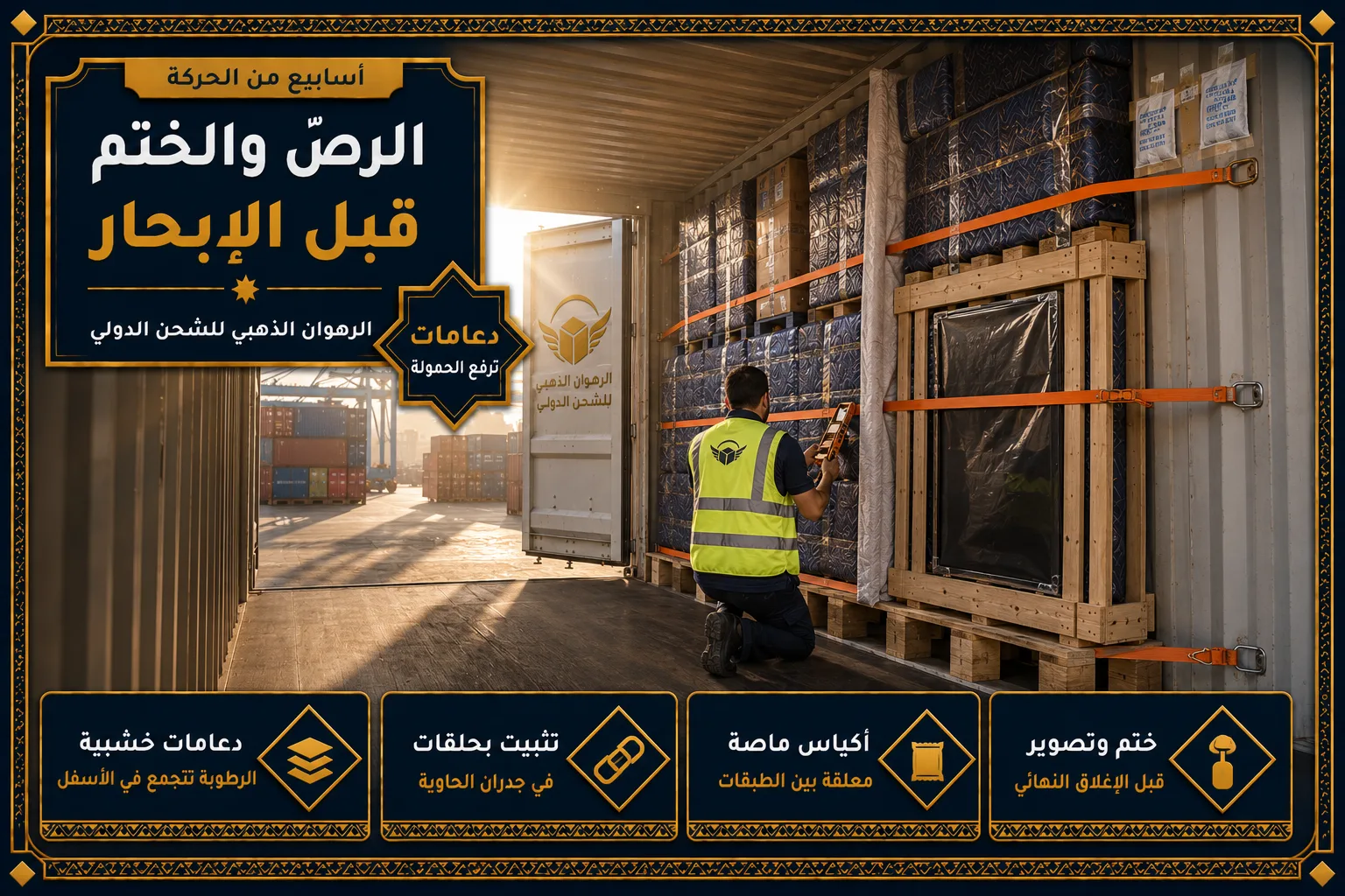 الرصّ والختم قبل الإبحار رصّ الأثاث المغلّف وتثبيته داخل حاوية أربعين قدماً قبل الإبحار للمغرب