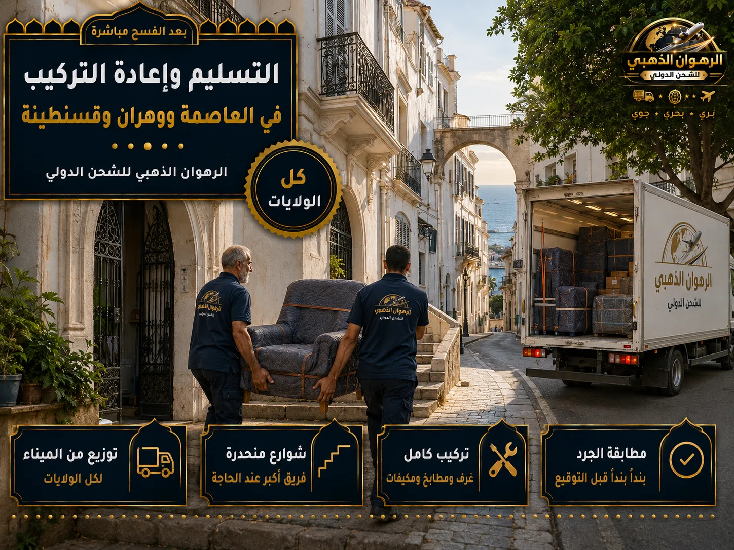 تسليم الأثاث في شارع منحدر بمدينة جزائرية ساحلية بيضاء